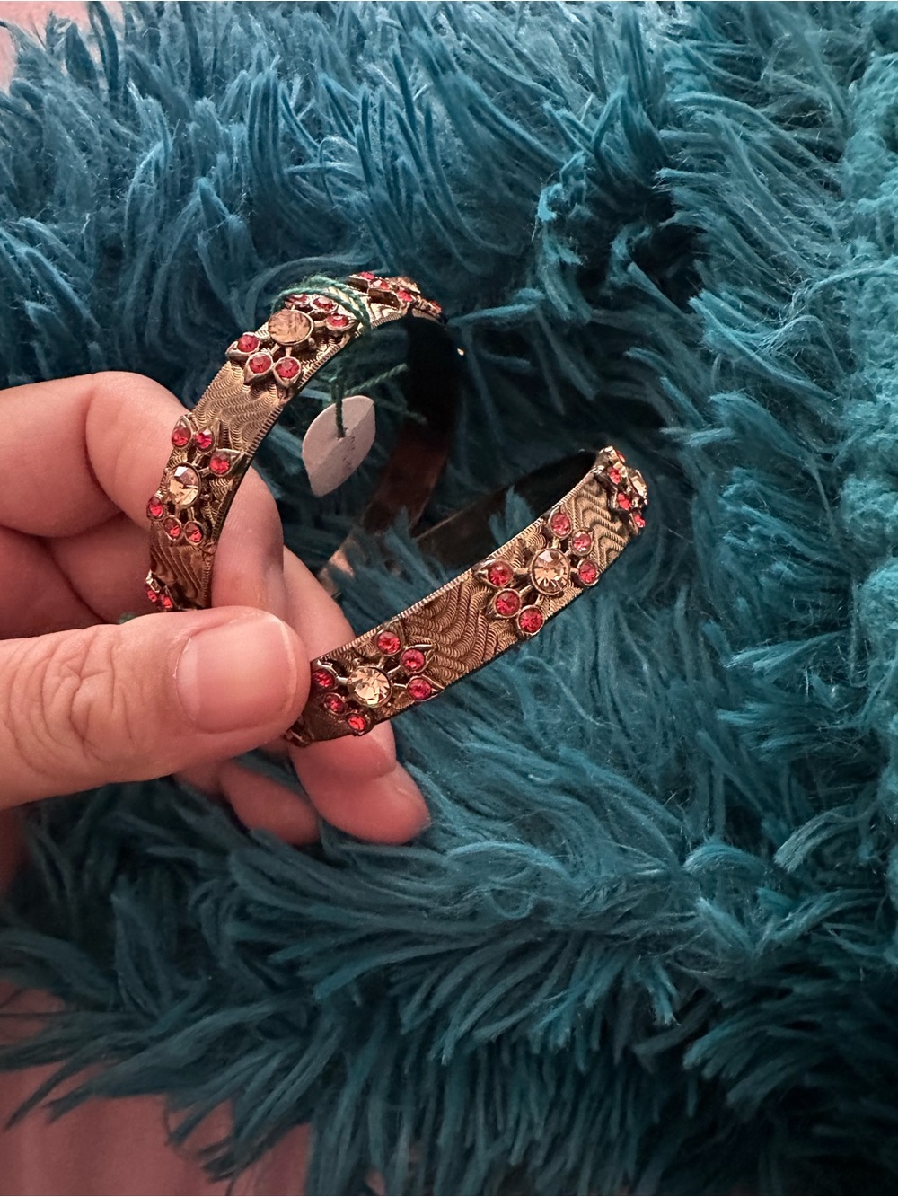 NWT Antique-Gold Finish Indian Kada Bangles with Red Crystals - Set of 2
